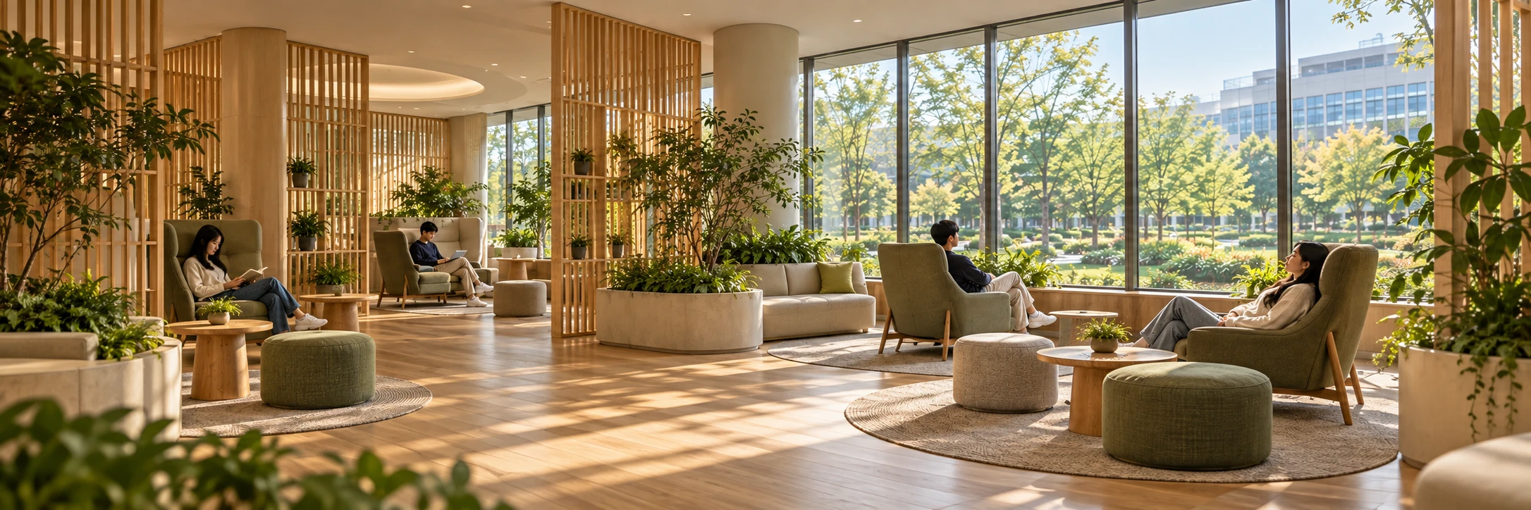 A realistic panoramic view of a dedicated indoor university retreat with sheltered seating, timber screens, daylight and greenery