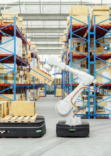 Modern automated warehouse with AGV robots navigating between high-density shelving units